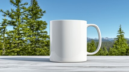 Obraz premium White Coffee Mug on Wooden Table with Mountain View