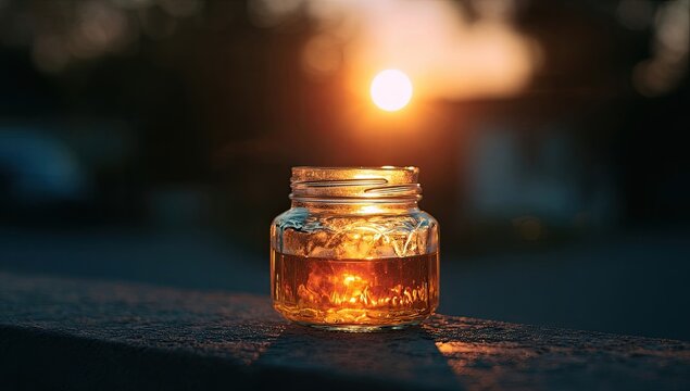 Golden drink in mason jar at sunset - Powered by Adobe