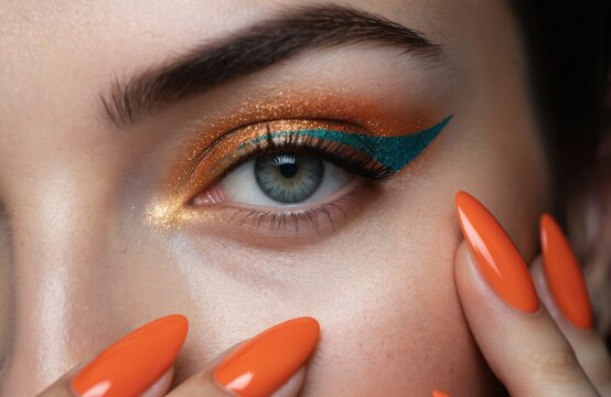 Close-up of woman eye featuring vibrant gold, orange, teal glitter eyeshadow, sharp teal liner. Matching orange nails complement look. High-fashion, glamorous beauty shot perfect for cosmetic ads,