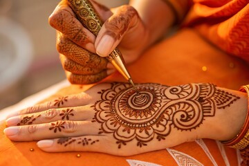 Gorgeous henna artist creating intricate designs on woman's hand for cultural celebration