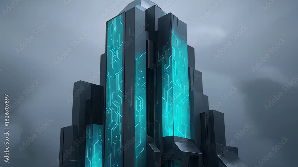 Poster exploring a towering futuristic structure showcasing glowing technology and intricate design element