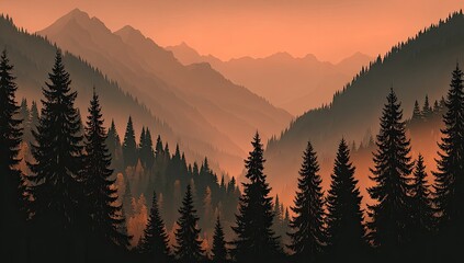 Misty mountain valley at sunset. Silhouette trees frame a hazy vista