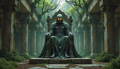 Powerful Dark Figure Seated on an Ornate Throne in a Misty Forest Colonade