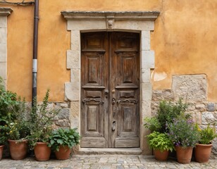 Fototapeta premium Rustic wooden double door in old Italian town, framed by colorful potted flowers, plants. Weathered entryway features intricate carvings set against textured orange wall, stone accents. Potted green
