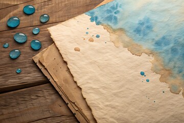 Close up of textured watercolor paper with blue water droplets on a rustic wooden surface