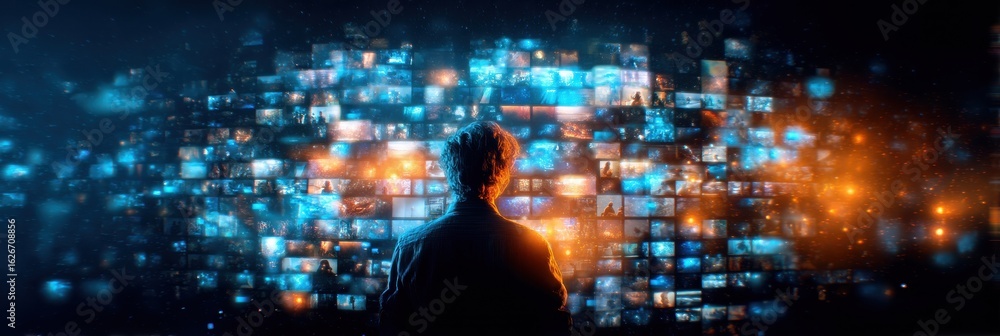 Poster a person stands before a vibrant array of screens displaying various images, immersed in a digital w