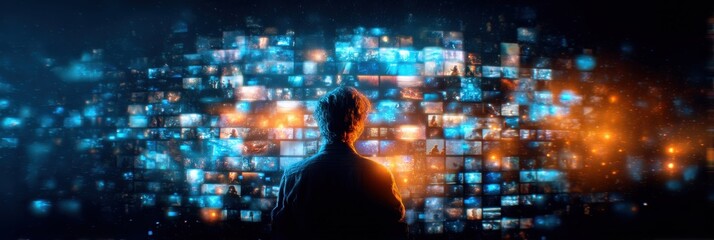 A person stands before a vibrant array of screens displaying various images, immersed in a digital world filled with colorful visuals and light.