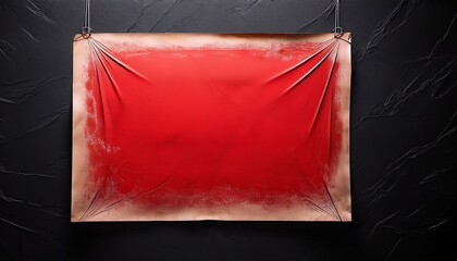 an old red poster hangs on a black wall with deep wrinkles and creases