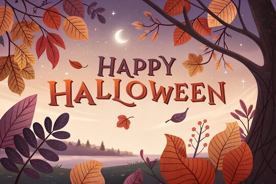 Whimsical autumn landscape with happy halloween greeting and crescent moon - Powered by Adobe