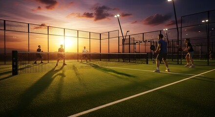 Dynamic group of friends enthusiastically playing padel tennis on an illuminated court during a vibrant sunset, capturing active lifestyle and sportsmanship
