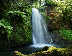 Naklejka premium waterfall cascading down rocky cliff surrounded by dense foliage of ferns and moss