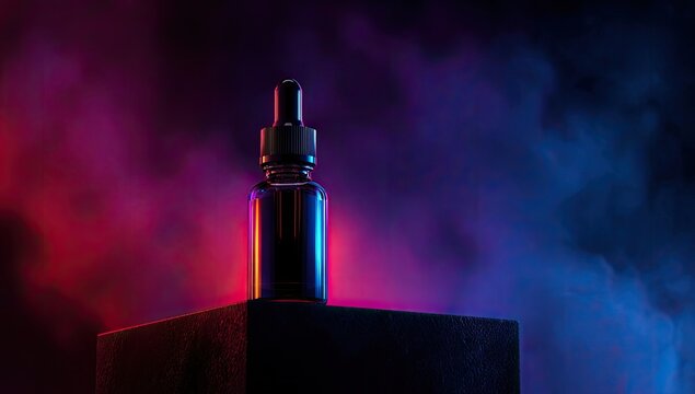 A dark, moody image of a dropper bottle. Vivid neon lighting illuminates a dark, smoky background - Powered by Adobe