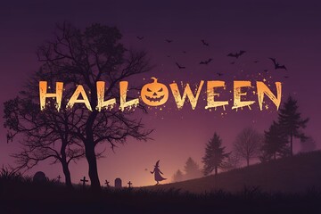 Spooky halloween night with glowing text and a lone figure in a haunted forest