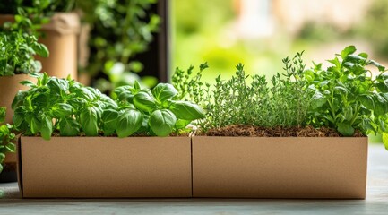 Two brown cardboard herb planters filled with fresh green herbs