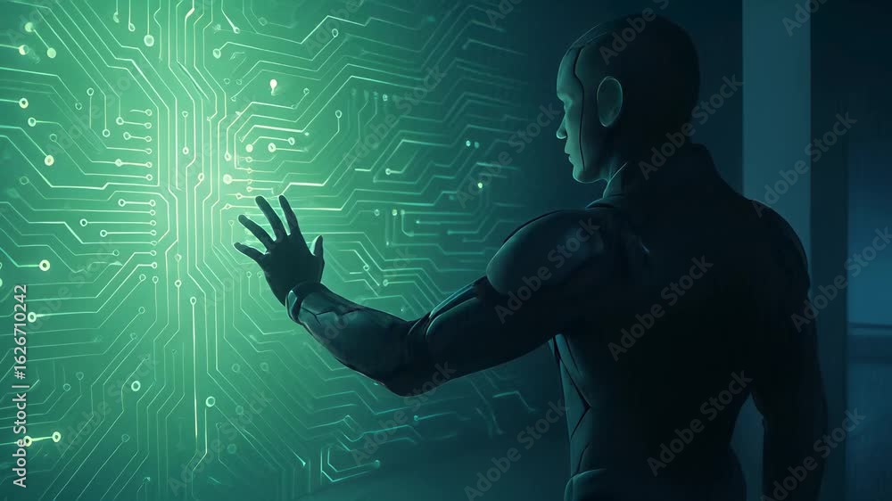 Poster humanoid robot interacts with digital interface in futuristic environment showcasing advanced techno