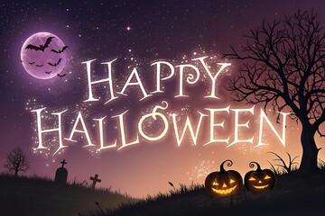 Spooky happy halloween night scene with glowing pumpkins full moon bats and a gnarled tree