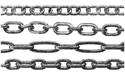 Retro style distressed metal chains set with gritty photocopy effect. Black and white monochrome vector illustration with stippled grain texture, trendy grunge design isolated