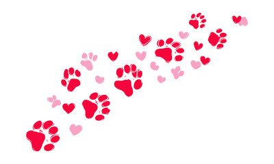 Heart-shaped dog paw print with puppy and cat footprint trails. Colorful Valentine’s greeting card with love symbols, cute pet prints, romantic wildlife vector design, abstract animal pattern