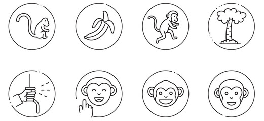 Simple cartoon icons featuring monkeys bananas and related elements in circles