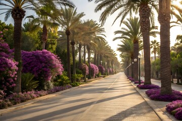 Serene Boulevard Scene Featuring Tall Palm Trees and Vibrant Purple Blossoms