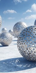 Metal spheres with perforated designs, scattered on a light gray surface against a partly cloudy blue sky