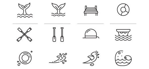 Fototapeta premium Simple line art icons depicting water activities and summer recreation elements