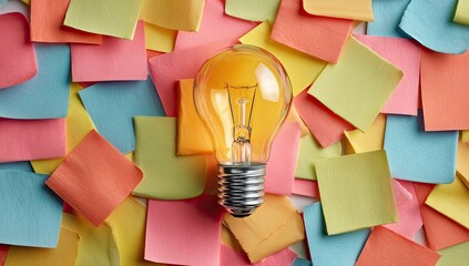 A glowing lightbulb sits amidst a vibrant array of colorful sticky notes