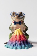 Toy crocodile scientist with rainbow volcano model on white background