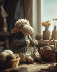 Cozy sheep knitting in sunlit room with yarn baskets