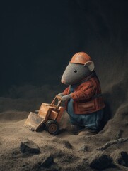 Construction mouse in underground tunnel with toy bulldozer