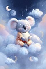 Cute koala sleeping on cloud with star pillow under night sky