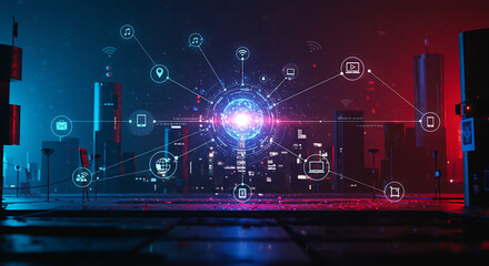 Futuristic smart city with a glowing digital network hub and data connections.