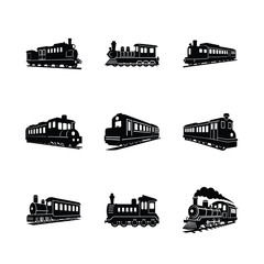 Set of vintage train silhouette icons.