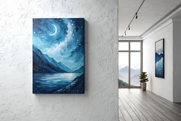 Vibrant abstract oil painting of a swirling galaxy and mountainous landscape under a starry night sky