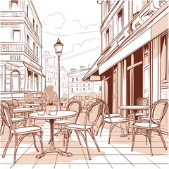 Elegant Street Café Scene with Tables and Chairs in Artistic Illustration