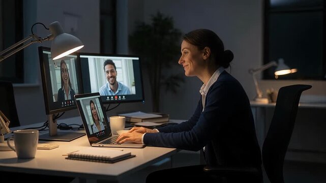 Happy businesswoman giving thumbs up approval during successful video conference meeting with positive team collaboration and communication