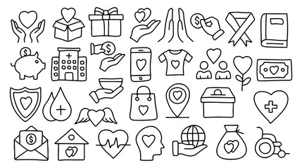 Charity and Donation Doodle Icons – Volunteer, Fundraising, Medical Help, Love, Heart, Blood Donation, Gift, Crowdfunding, Healthcare, Hand Drawn, Social Support, Community