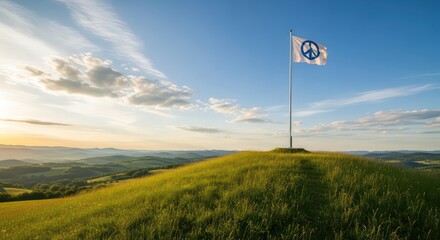 A flowing white fabric forms the shape of a dove, soaring gracefully against a serene blue sky.