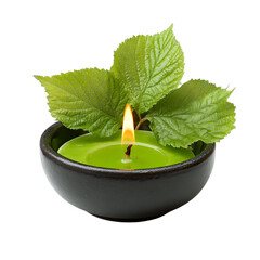 Green candle with leaves in a bowl isolated on transparent background