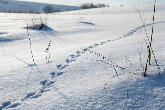Minimalist Winter Scene with Tiny Wildlife Footprints in Fresh Snow