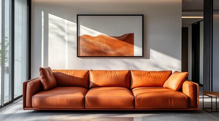 Modern, sunlit living room with a tan leather sofa and abstract art