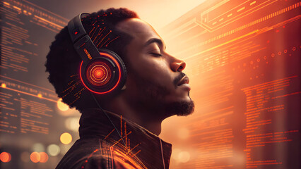 DJ in headphones, Art of a man's profile with headphones, a silhouette of her head and brain visible, showcasing a DJ in action