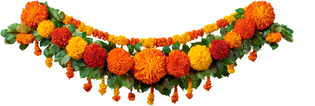 Vibrant marigold flower garland decoration isolated on transparent background