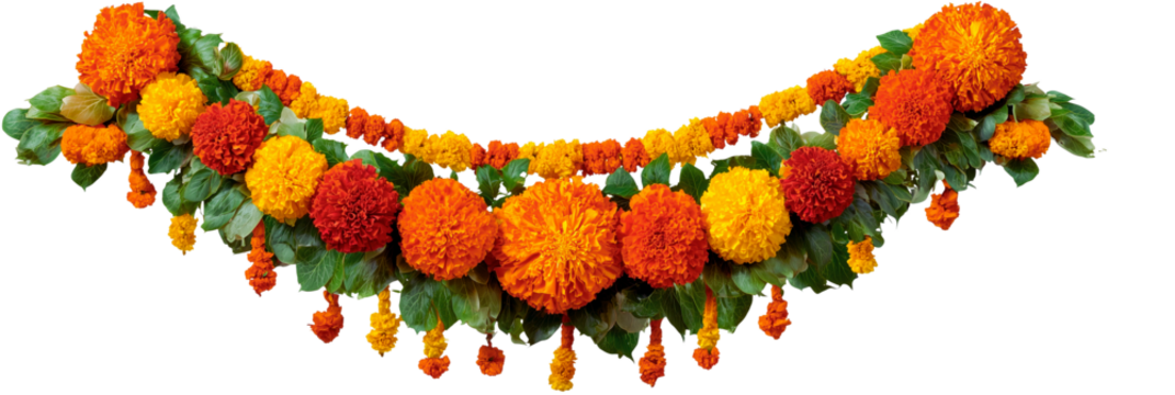 Vibrant marigold flower garland decoration isolated on transparent background