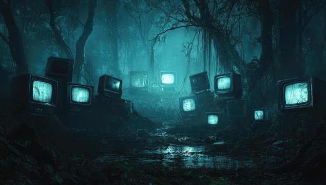 Mysterious forest path lined with vintage TVs
