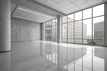 Modern empty commercial office space with polished concrete floors and large windows overlooking city buildings