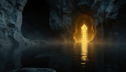 Mysterious glowing door in dark cave with reflective water surface. Exploration, adventure, intrigue. Stone walls, underground passage, eerie mystical atmosphere, golden light illumination hints at