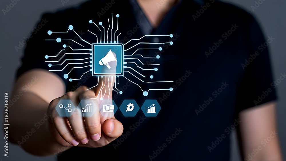 Poster hand touching digital network with megaphone and charts technology data