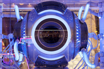A blue sphere with a glowing center. The sphere is surrounded by wires and tubes