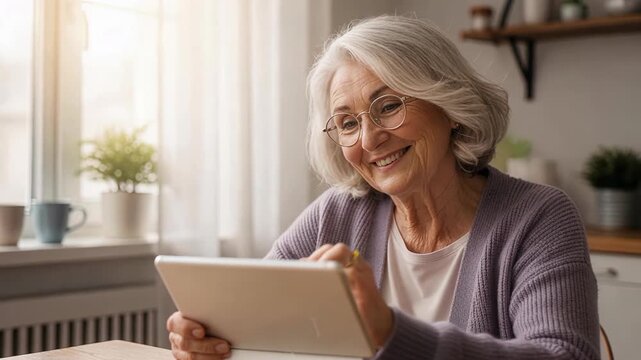 Happy woman browsing and interacting with tablet computer while smiling and nodding with satisfaction indoors